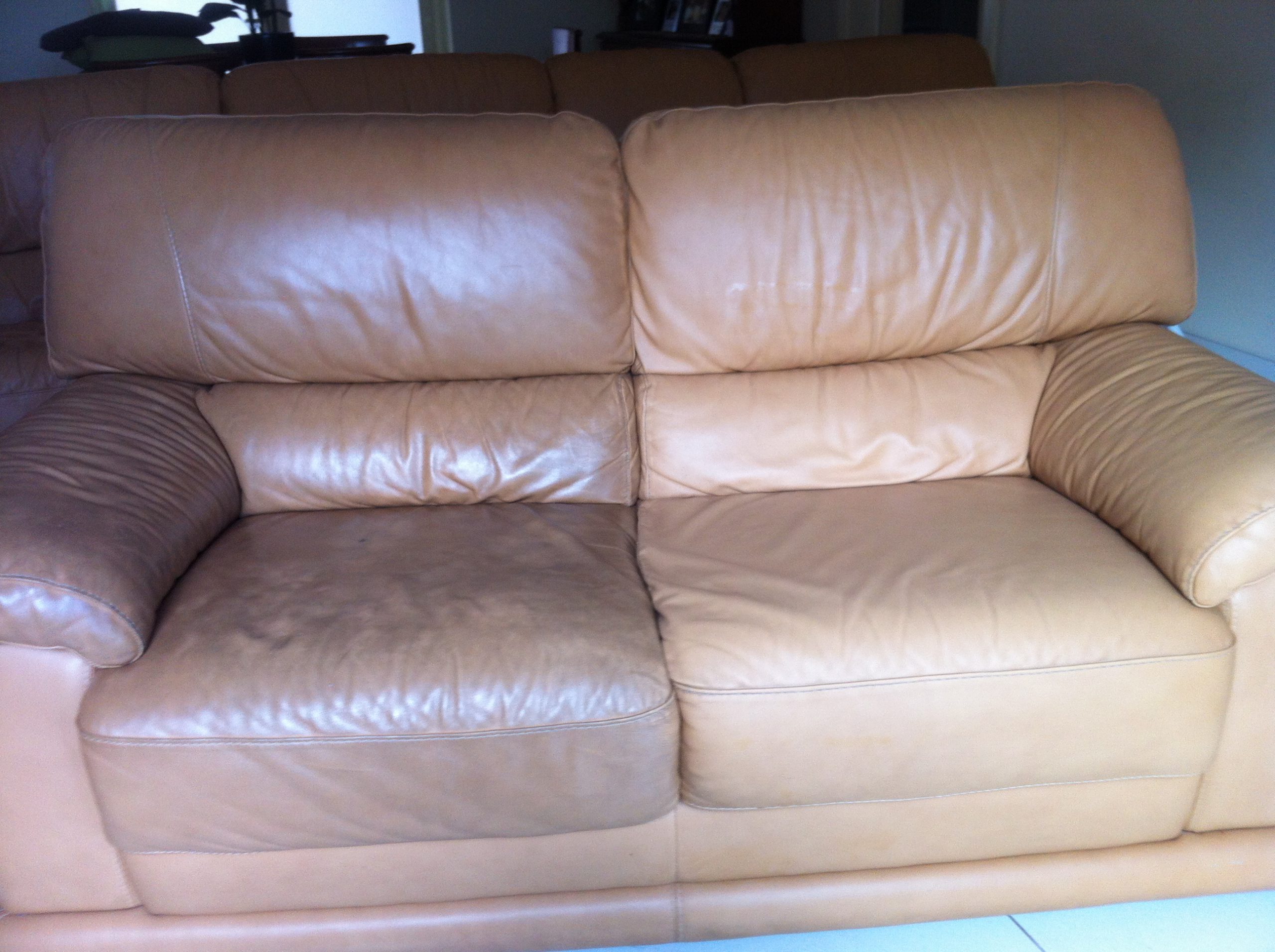 Half cleaned Brown leather couch by Priceless Carpet Cleaning